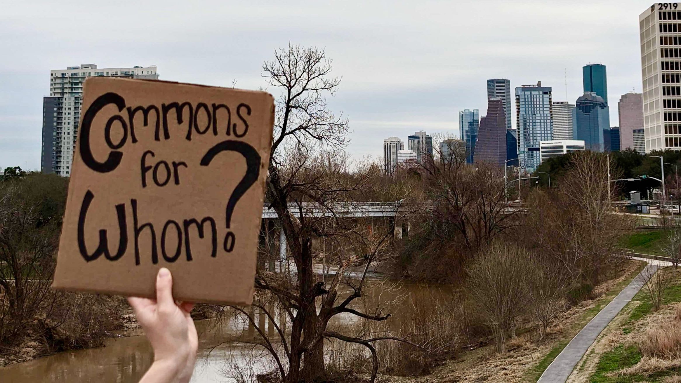 hand holding a sign that reads "Commons for Whom?" with park and city scape background
