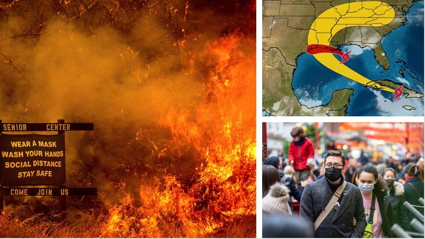 Images of California wildfire, storm path for two hurricanes, and people wearing cloth masks