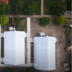 Aerial view of semi-permanent classroom structures at Rice University